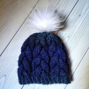 Hand made cable knit ombre blue beanie with white pom